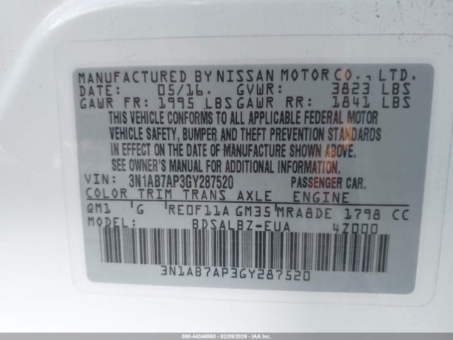 3N1AB7AP3GY287520 Nissan Sentra Fe+ S/s/sl/sr/sv