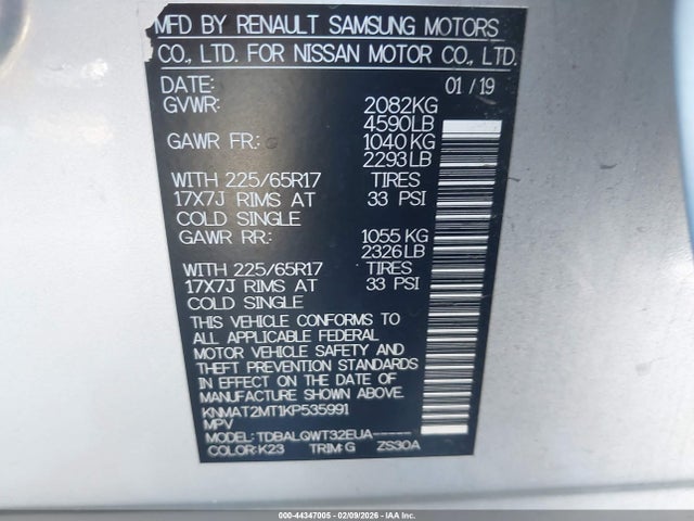 Aukcja sprzedaży 2019 Nissan Rogue Sv, vin: KNMAT2MT1KP535991, numer aukcji: 44347005