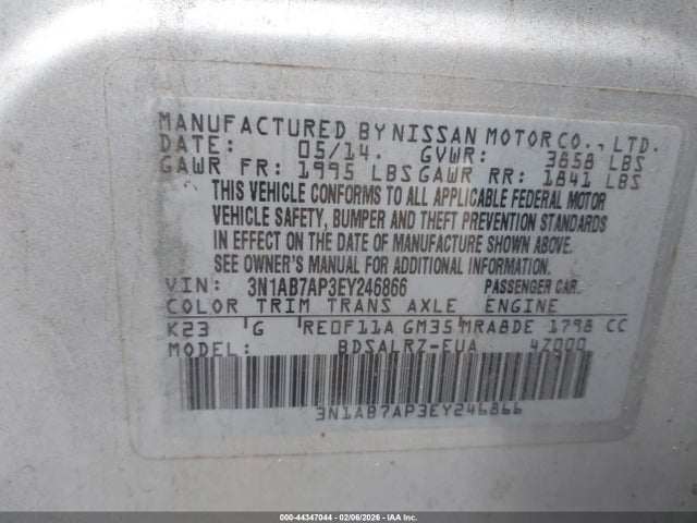 Продаж на аукціоні авто 2014 Nissan Sentra Sr, vin: 3N1AB7AP3EY246866, номер лоту: 44347044