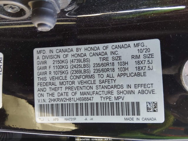 2HKRW2H81LH698847 Honda Cr-v Awd Ex-l