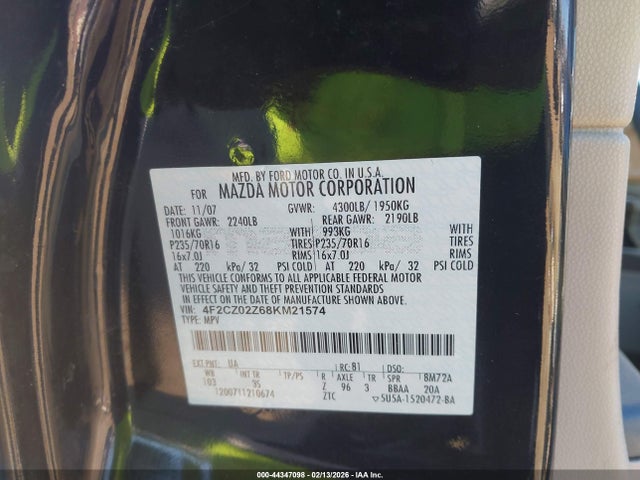 44347098 :رقم المزاد ، 4F2CZ02Z68KM21574 vin ، 2008 Mazda Tribute I Sport مزاد بيع