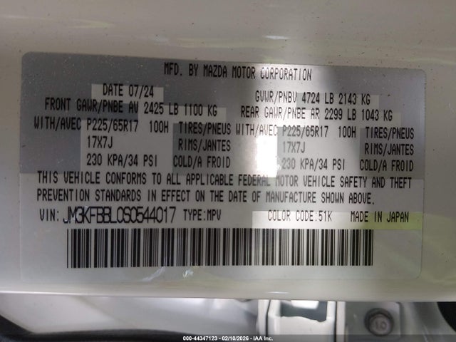 44347123 :رقم المزاد ، JM3KFBBL0S0544017 vin ، 2025 Mazda Cx-5 2.5 S Select مزاد بيع