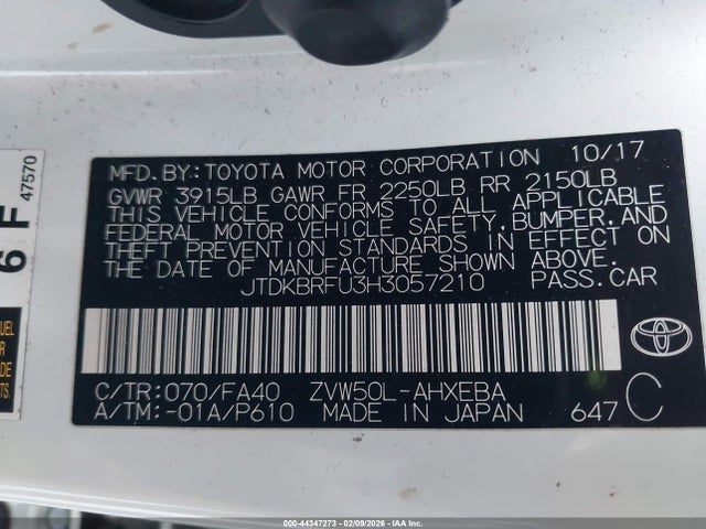 JTDKBRFU3H3057210 Toyota Prius
