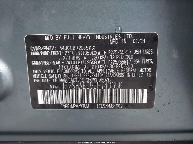 Aukcja sprzedaży 2011 Subaru Forester 2.5x Limited, vin: JF2SHAEC5BH743656, numer aukcji: 44347309