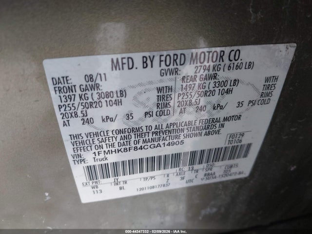 44347332 :رقم المزاد ، 1FMHK8F84CGA14905 vin ، 2012 Ford Explorer Limited مزاد بيع