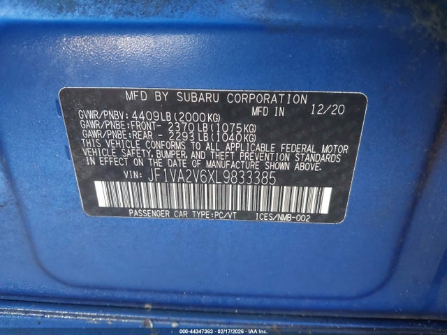 44347363 :رقم المزاد ، JF1VA2V6XL9833385 vin ، 2020 Subaru Wrx Sti Limited مزاد بيع