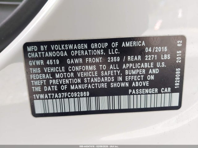 44347416 :رقم المزاد ، 1VWAT7A37FC092869 vin ، 2015 Volkswagen Passat 1.8t Limited Edition مزاد بيع