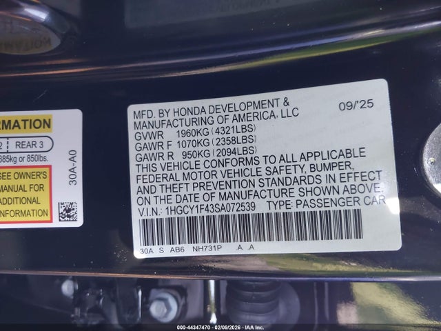 Продажа на аукционе авто 2025 Honda Accord Se, vin: 1HGCY1F43SA072539, номер лота: 44347470
