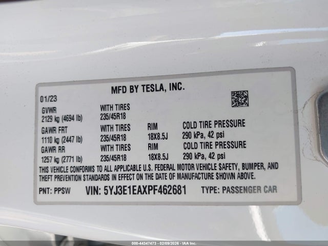 Продажа на аукционе авто 2023 Tesla Model 3 Rear-wheel Drive, vin: 5YJ3E1EAXPF462681, номер лота: 44347473