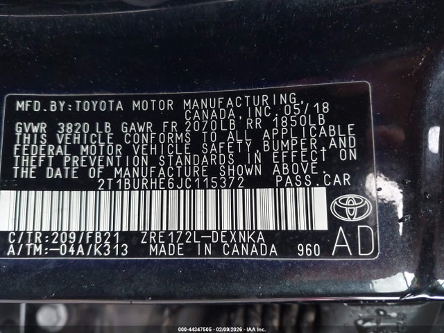 2T1BURHE6JC115372 Toyota COROLLA LE