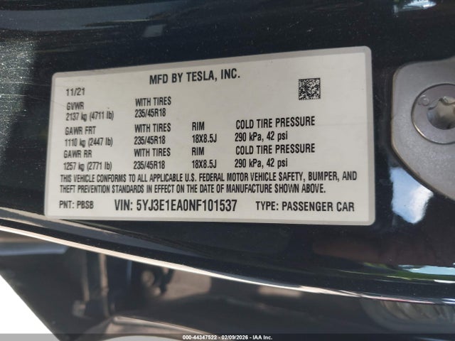 2022 TESLA MODEL 3 5YJ3E1EA0NF101537 Photo 8