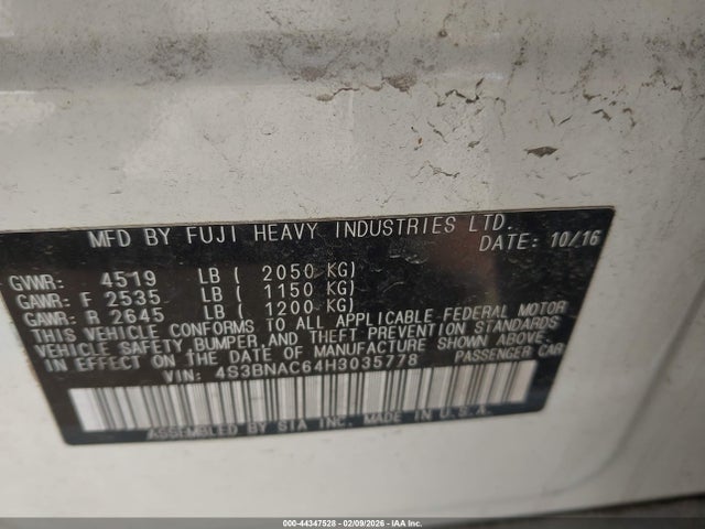 44347528 :رقم المزاد ، 4S3BNAC64H3035778 vin ، 2017 Subaru Legacy 2.5i Premium مزاد بيع