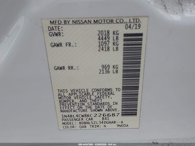 Nissan Altima 2.5 Sr 2019 1N4BL4CW8KC226687 Image 9