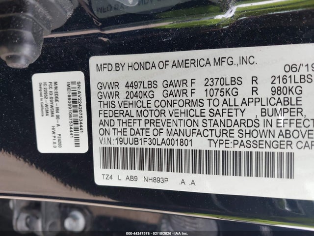 44347576 :رقم المزاد ، 19UUB1F30LA001801 vin ، 2020 Acura Tlx Standard مزاد بيع