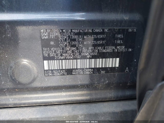 44347608 :رقم المزاد ، 2T3RWRFV6KW017087 vin ، 2019 Toyota Rav4 Hybrid Xle مزاد بيع