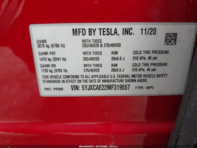 Продаж на аукціоні авто 2021 Tesla Model X, vin: 5YJXCAE22MF319557, номер лоту: 44347672