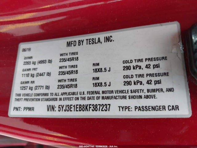 Продажа на аукционе авто 2019 Tesla Model 3 Long Range/performance, vin: 5YJ3E1EB8KF387237, номер лота: 44347744