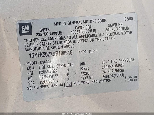 2009 CADILLAC ESCALADE ESV 1GYFK262X9R106516 Photo 8