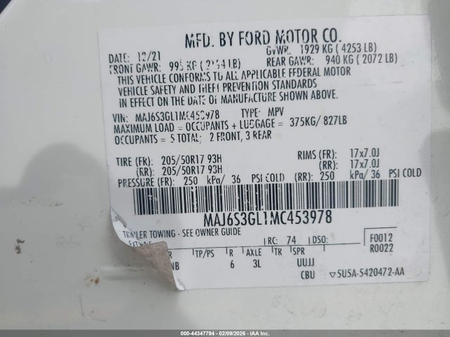 MAJ6S3GL1MC453978 Ford Ecosport Se