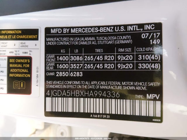 2017 Mercedes-benz Gle 350 4matic მანქანა იყიდება აუქციონზე, vin: 4JGDA5HBXHA994336, აუქციონის ნომერი: 44347873
