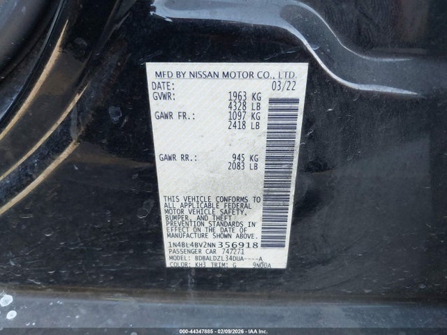 Продаж на аукціоні авто 2022 Nissan Altima S Fwd, vin: 1N4BL4BV2NN356918, номер лоту: 44347885