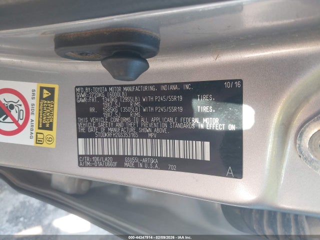 Toyota Highlander Limited V6 2016 5TDDKRFH2GS353165 Image 9