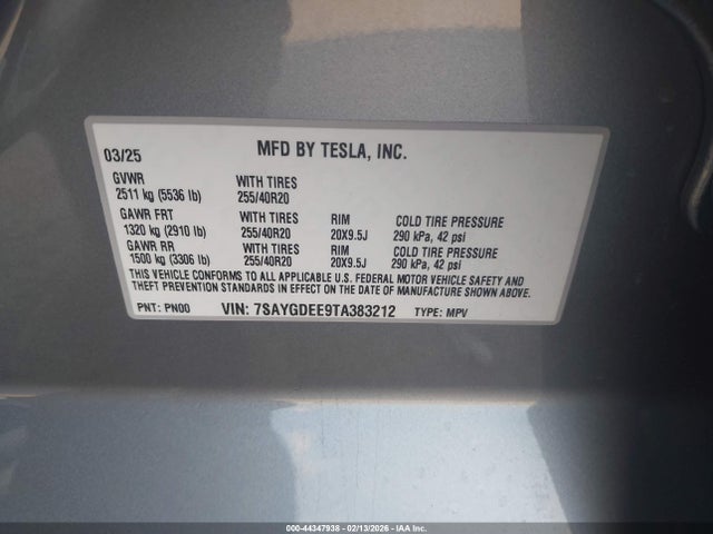 Продаж на аукціоні авто 2026 Tesla Model Y Long Range Launch Series/premium All-wheel Drive, vin: 7SAYGDEE9TA383212, номер лоту: 44347938