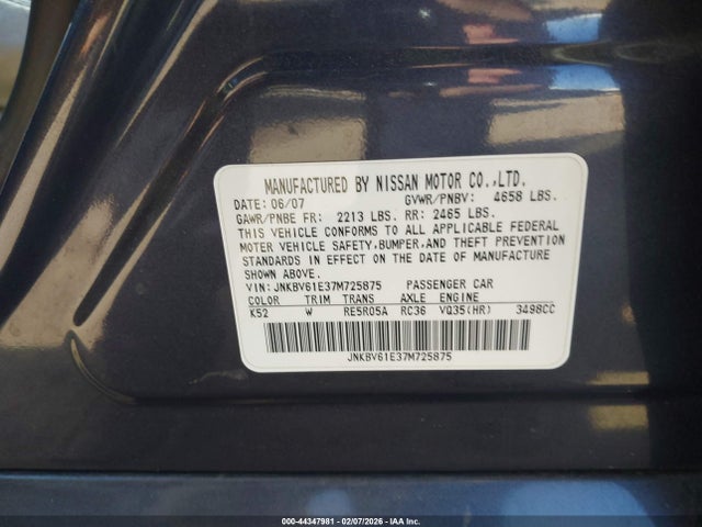 44347981 :رقم المزاد ، JNKBV61E37M725875 vin ، 2007 Infiniti G35 Journey مزاد بيع