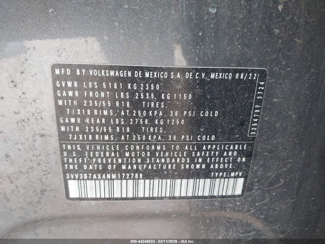 44348023 :رقم المزاد ، 3VV3B7AX4NM172789 vin ، 2022 Volkswagen Tiguan 2.0t Se مزاد بيع