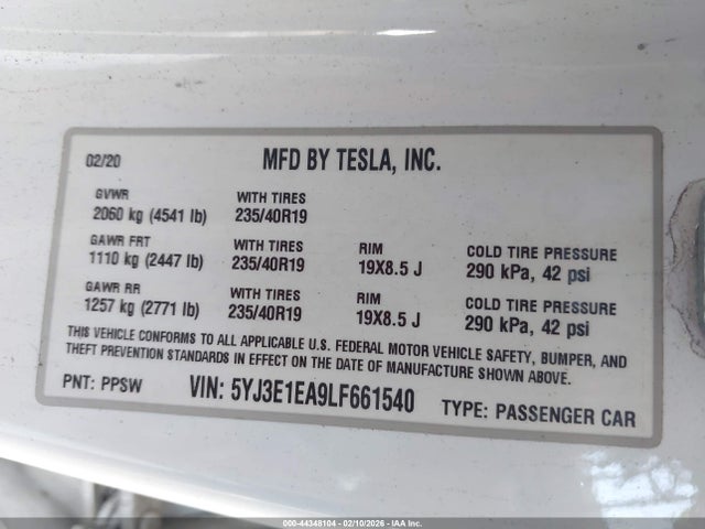 Продажа на аукционе авто 2020 Tesla Model 3, vin: 5YJ3E1EA9LF661540, номер лота: 44348104