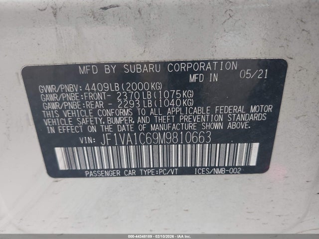 44348189 :رقم المزاد ، JF1VA1C69M9810663 vin ، 2021 Subaru Wrx Premium مزاد بيع