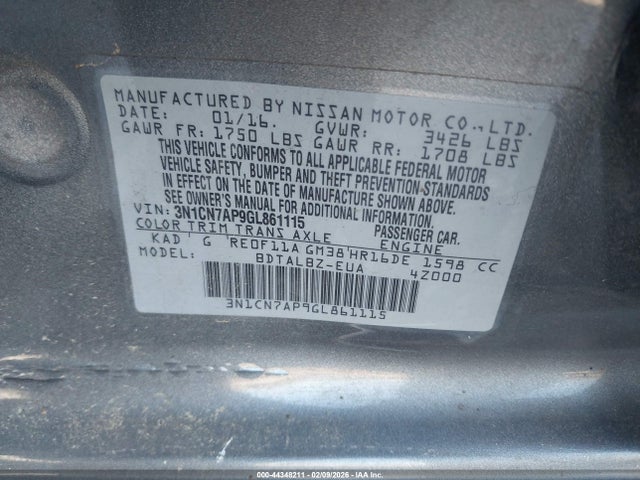 3N1CN7AP9GL861115 Nissan Versa 1.6 Sv