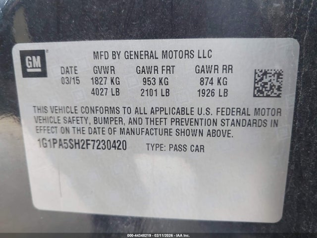 44348219 :رقم المزاد ، 1G1PA5SH2F7230420 vin ، 2015 Chevrolet Cruze Ls Auto مزاد بيع