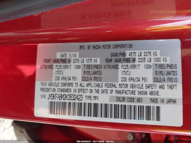 44348247 :رقم المزاد ، JM3KFABM2K0532423 vin ، 2019 Mazda Cx-5 Sport مزاد بيع