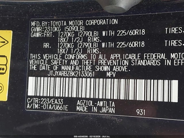 44348306 :رقم المزاد ، JTJYARBZ8K2133061 vin ، 2019 Lexus Nx 300 مزاد بيع
