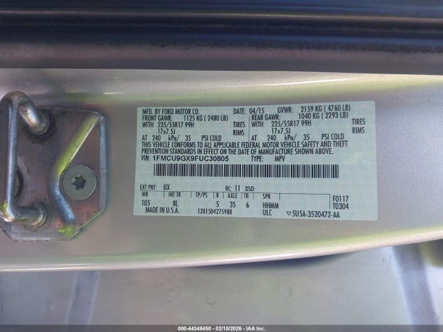 Продажа на аукционе авто 2015 Ford Escape Se, vin: 1FMCU9GX9FUC30805, номер лота: 44348450