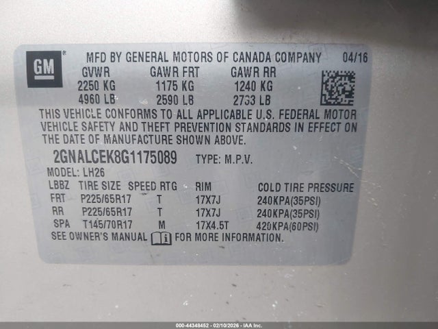 Chevrolet EQUINOX LT 2016 2GNALCEK8G1175089 Image 9