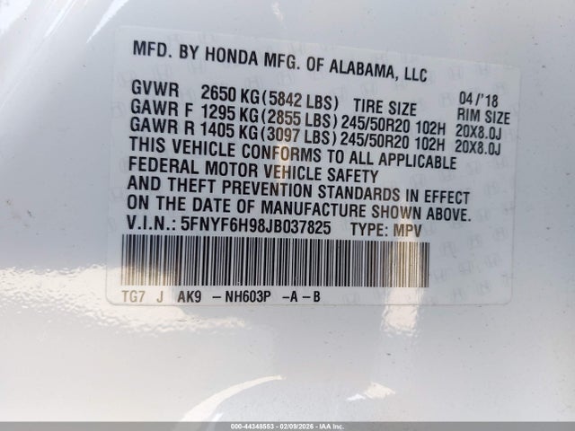 5FNYF6H98JB037825 Honda Pilot Touring