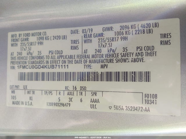 1FMCU0GD4KUB71111 Ford ESCAPE SE