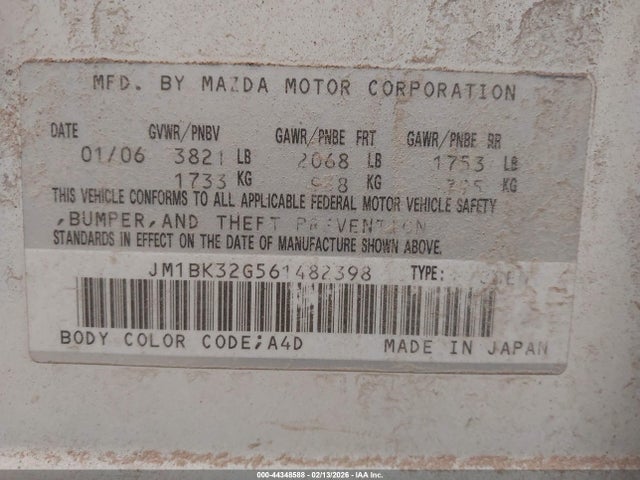 Aukcja sprzedaży 2006 Mazda Mazda3 I, vin: JM1BK32G561482398, numer aukcji: 44348588