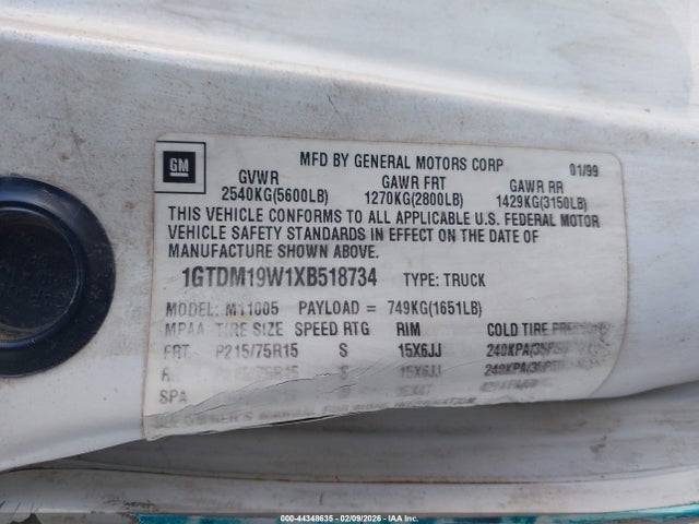 Продаж на аукціоні авто 1999 Gmc Safari Standard, vin: 1GTDM19W1XB518734, номер лоту: 44348635