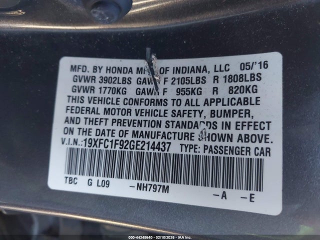 19XFC1F92GE214437 Honda Civic Touring