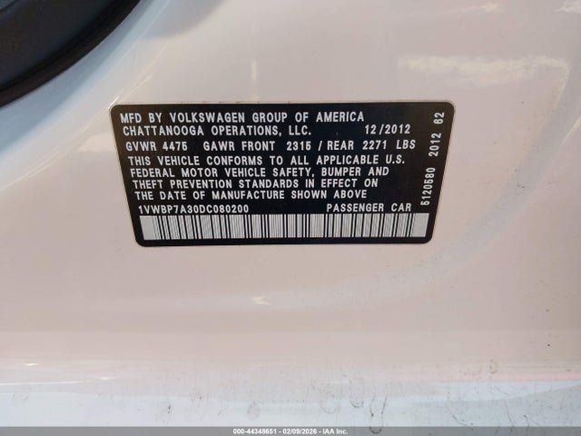 44348651 :رقم المزاد ، 1VWBP7A30DC080200 vin ، 2013 Volkswagen Passat 2.5l Se مزاد بيع