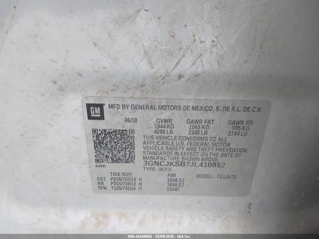 Aukcja sprzedaży 2018 Chevrolet Trax Ls, vin: 3GNCJKSB7JL410892, numer aukcji: 44348663