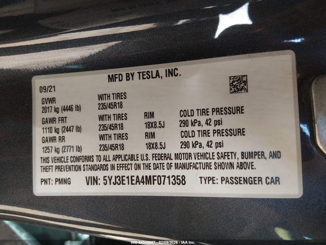 2021 TESLA MODEL 3 5YJ3E1EA4MF071358 Photo 8