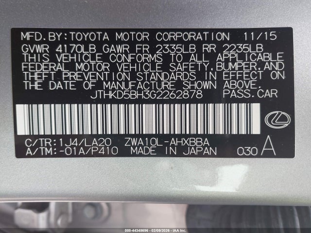 JTHKD5BH3G2262878 Lexus CT 200H