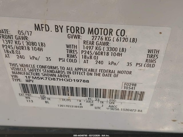 1FM5K7D87HGD19788 Ford EXPLORER XLT