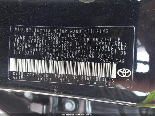 Продаж на аукціоні авто 2026 Toyota Corolla Le, vin: 5YFB4MDE7TP372598, номер лоту: 44348763