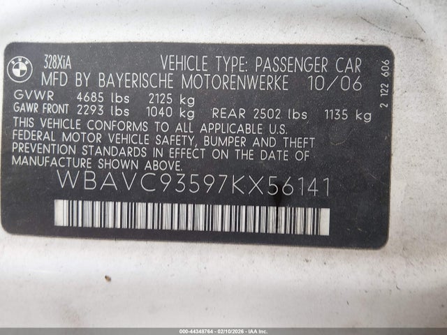 Продаж на аукціоні авто 2007 Bmw 328xi, vin: WBAVC93597KX56141, номер лоту: 44348764