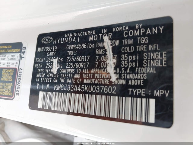 Aukcja sprzedaży 2019 Hyundai Tucson Value, vin: KM8J33A45KU037602, numer aukcji: 44348774